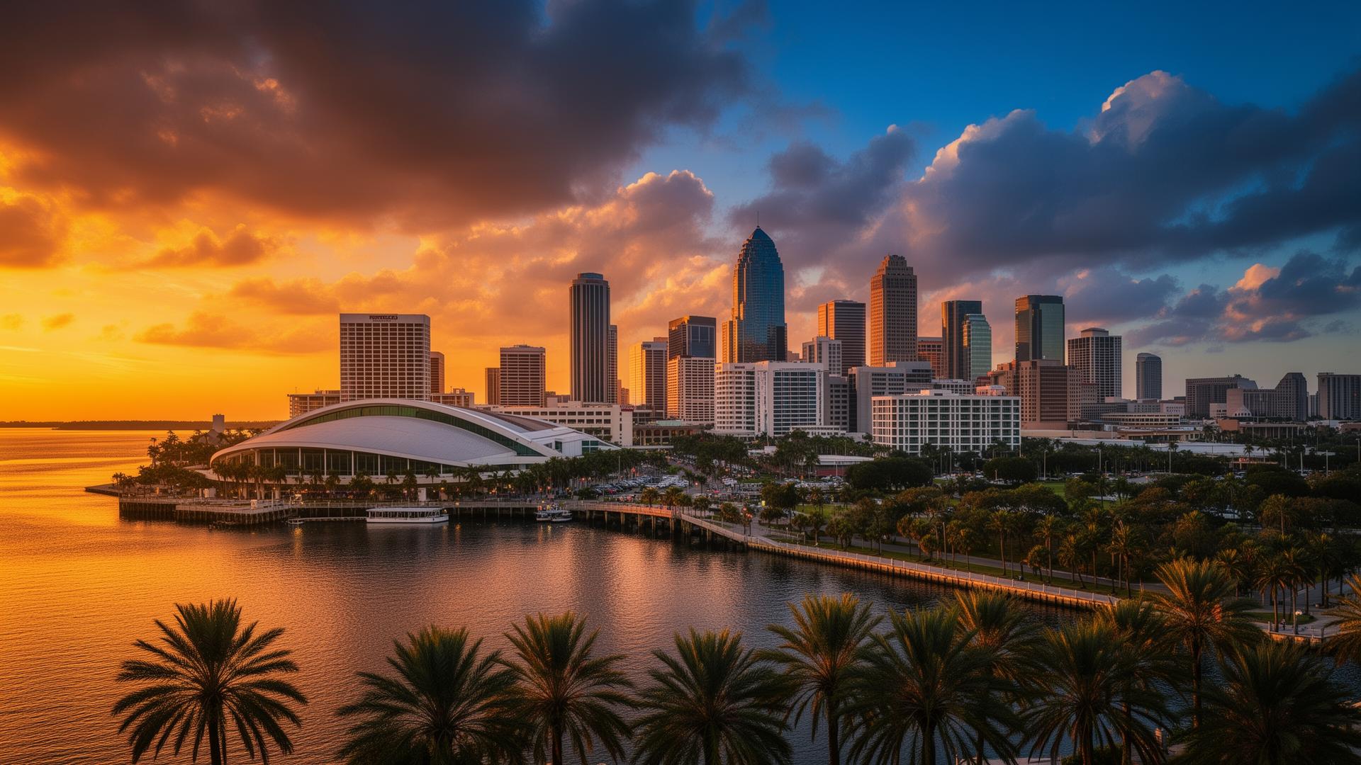 Tampa Florida downtown skyline panorama at golden hour sunset over Hillsborough Bay